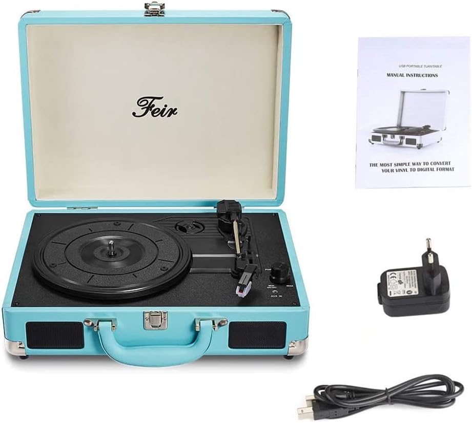 Feir 3 2 Vinyl Stereo Blue Record Player Speed Portable Turntable Suitcase Built in Speakers RCA Line Out AUX Headphone