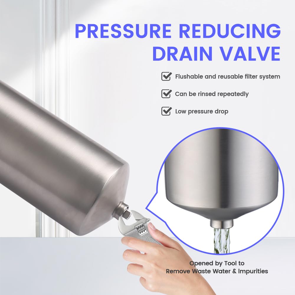 Amwater NSF/ANSI 42 Certification Stainless Steel Filter Housing for 10" Filter Cartridge, 1" NPT Water Filter Housing, Drain Valve Style C (Square Head)