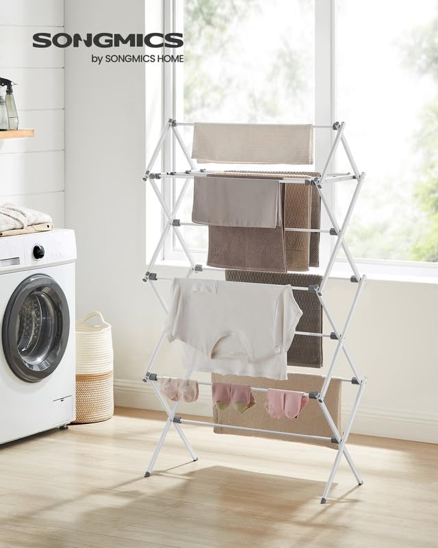 SONGMICS Foldable Clothes Drying Rack - Steel Frame Laundry Airer for Indoor/Outdoor Use | 14.6 x 29.5 x 53.2 Inches, Easy Assembly, White