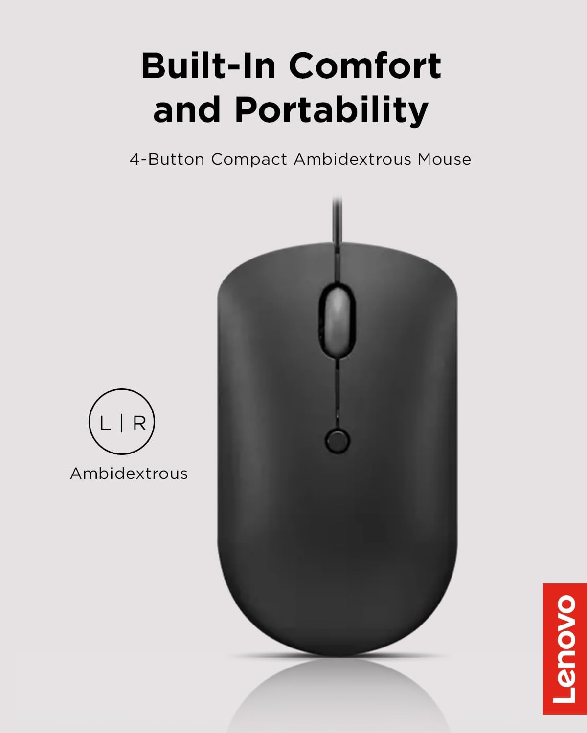 Lenovo 400 USB-C Compact Wired Mouse - Portable Black Design for Notebooks & Monitors