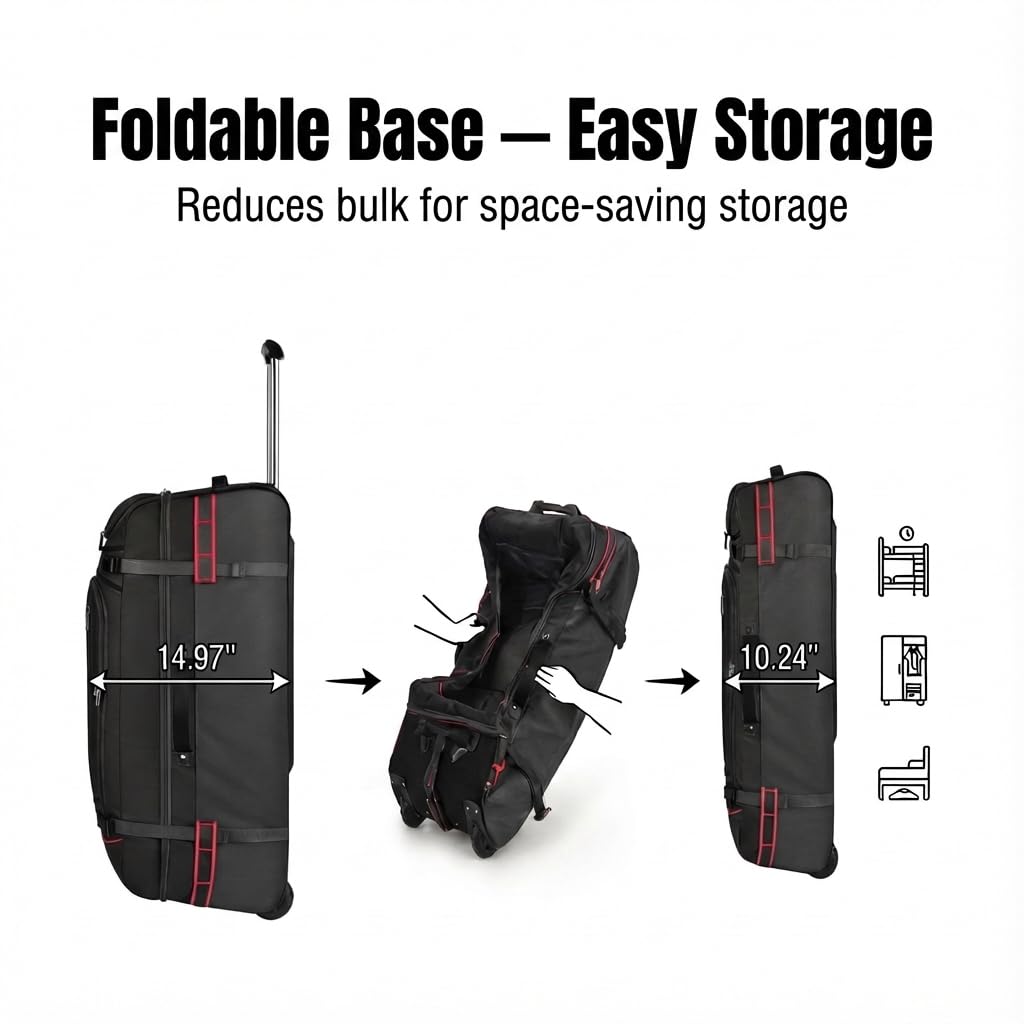 100L Extra Large Rolling Duffel Bag with Wheels and Handle – 33" Heavy-Duty 1600D PVC Checked Luggage for Business Travel and Men’s Week-Long Trips, Foldable Base Design