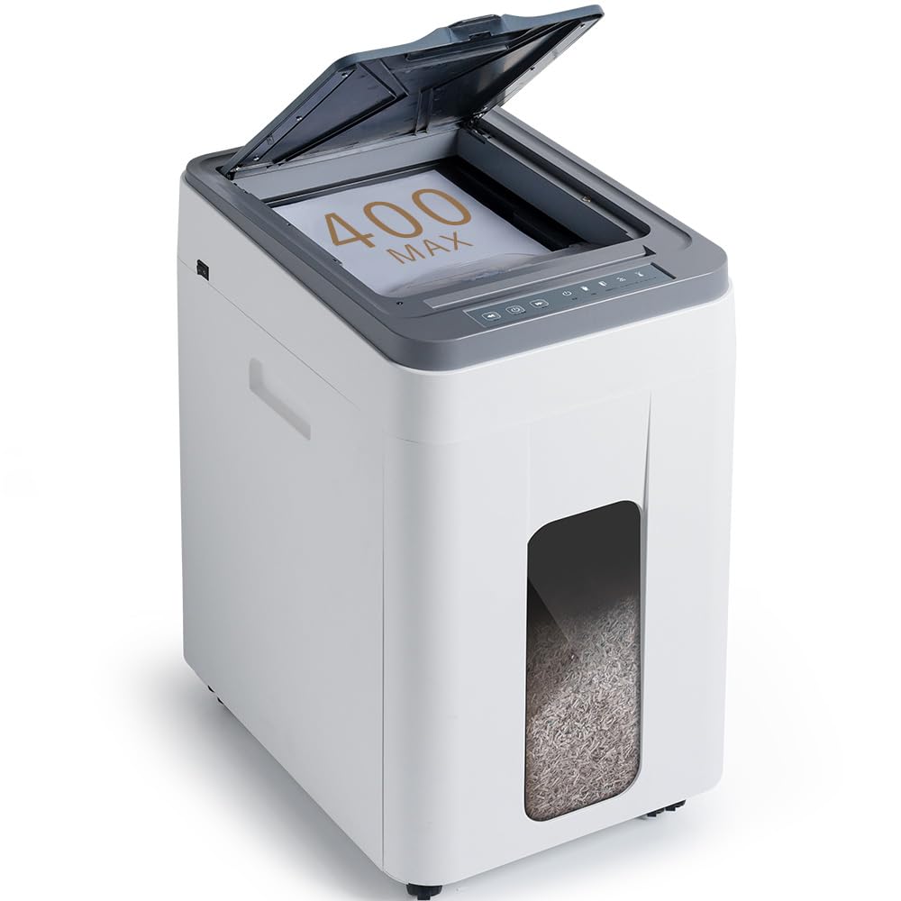 Effeluviate Heavy Duty Paper Shredder: 400 Sheets Auto Feed - Micro Cut P5 Security - Jam Proof Document Shred Machine - 13.2 Gallon Pullout Basket with Wheels for Home/Office/Commercial Use
