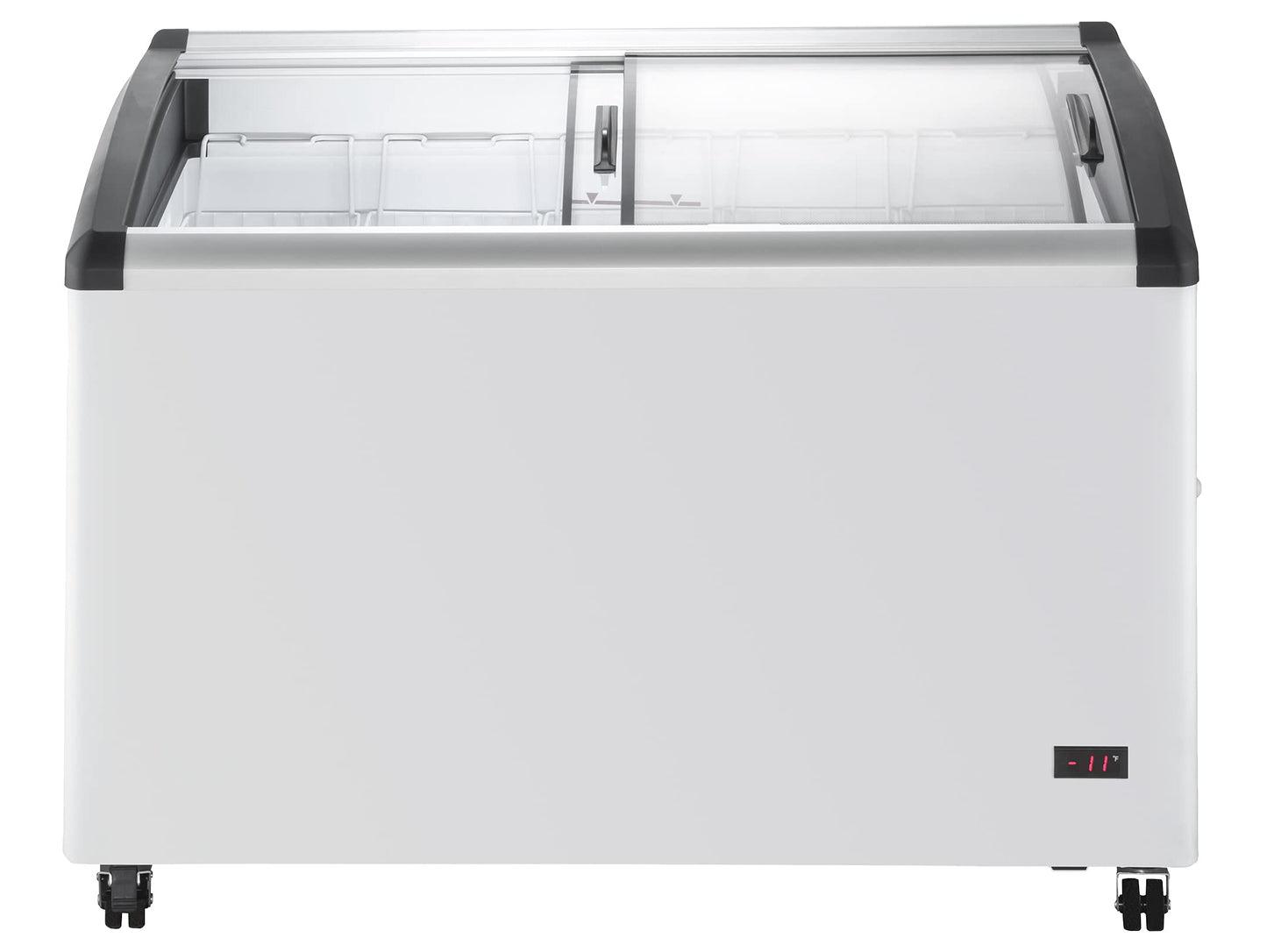 Duura Commercial Mobile Ice Cream Display Chest Freezer Sub Zero Temp Curved Glass Top Frost Free Lid with 5 Wire Baskets, 47.4 Inch Wide 12.8 Cubic Feet, White