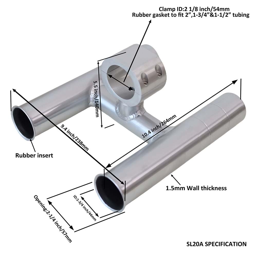 T-Top fishing Rod Holder Twin Aluminum clamp-on fit 1-1/2",1-7/8",2" inch horizontal or vertical fishing tower/leaning post/rail white black anodized (Silver Anodized)
