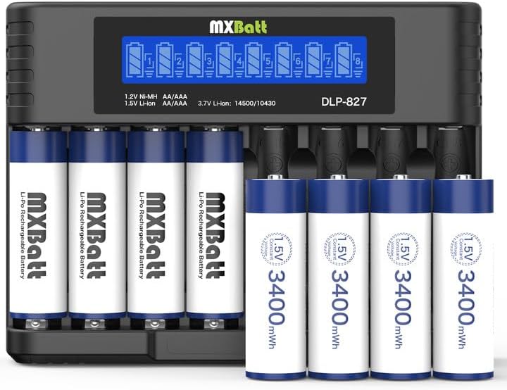 MXBatt 8 3400mWh 1.5V, 8 Packs 1500 AA Batteries Rechargeable Lithium with Charger Bay, Cycles, for Cordless Phones