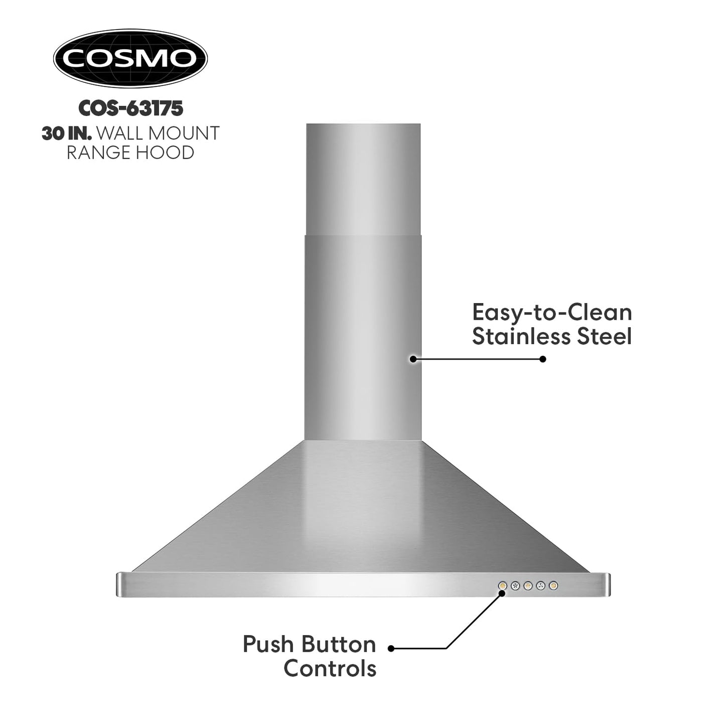 COSMO COS-63175 30 in. Vista Collection 380 CFM Ducted Wall Mount Range Hood, Button Controls, LED Lights, Stainless Steel
