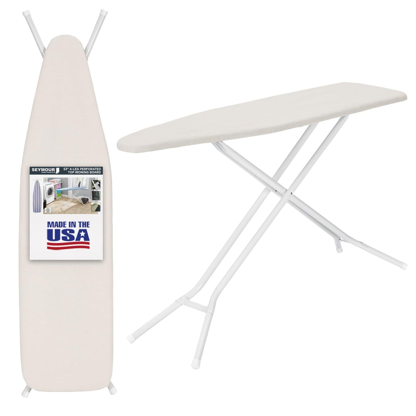 Full Size Ironing Board Made in USA – Beige by Seymour Home Products 4 Heavy-Duty Steel Legs Perforated Top for Steam Includes Cover & Pad Sturdy, Foldable Iron Board for Home & Laundry