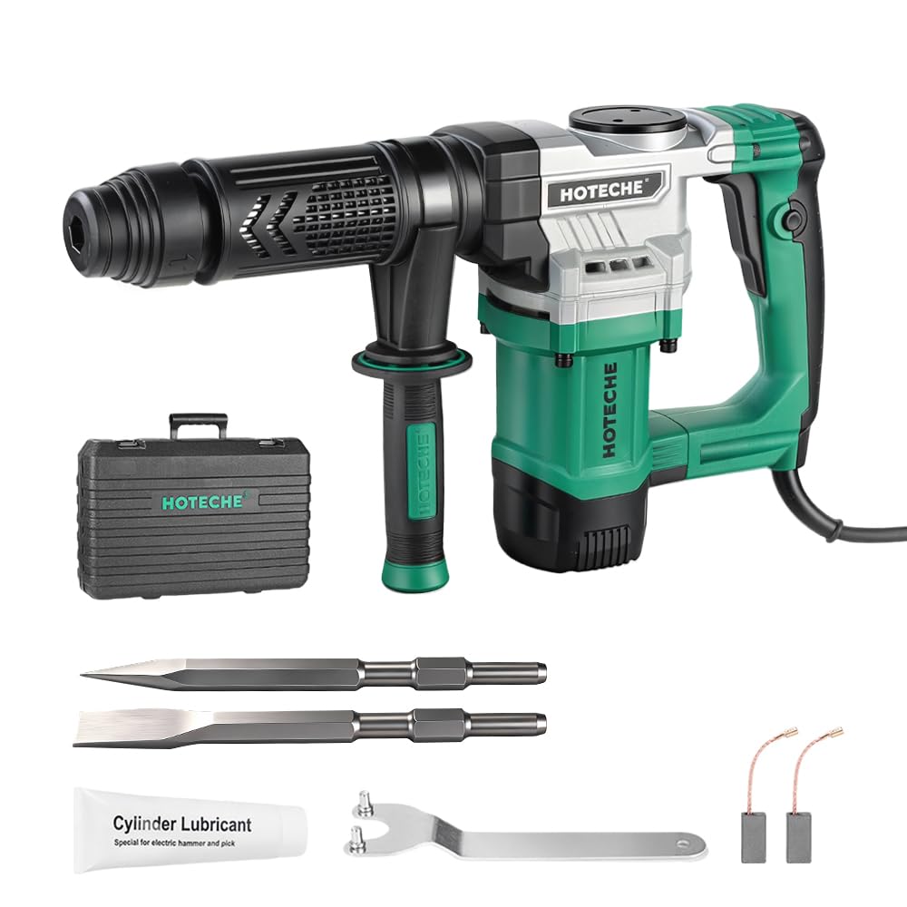 Hoteche 1050W Demolition Hammer, 15J Impact Force Jack Hammer with 4000/min Impact Frequency, Green, Color Box + Plastic Case Packaging