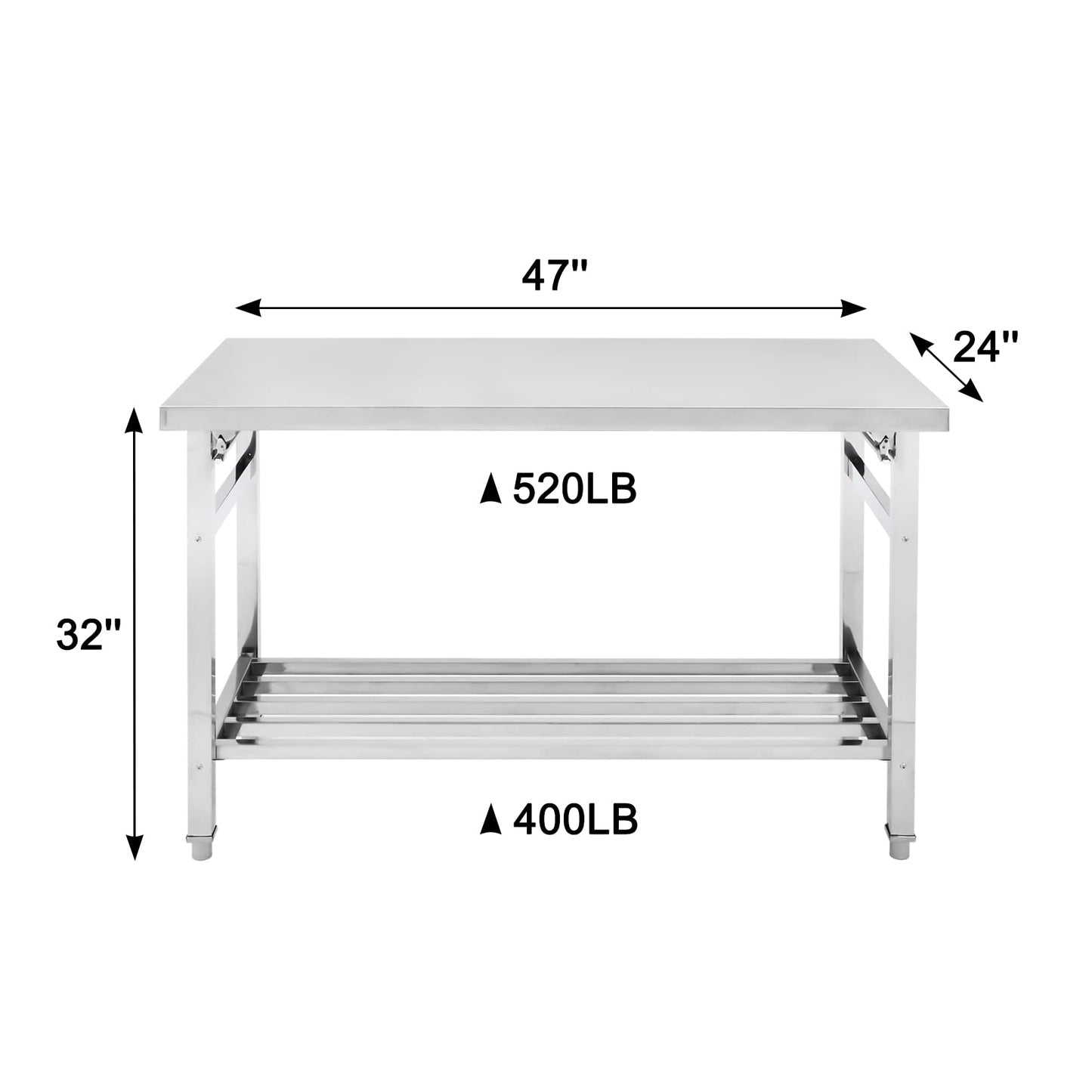 GlowSol Stainless Steel Prep Table 48 x 24 Inch, NSF Commercial Heavy Duty Stainless Steel Work Folding Table with Undershelf, Kitchen Island, Laundry Folding Table, Outdoor Cooking Table, Silver