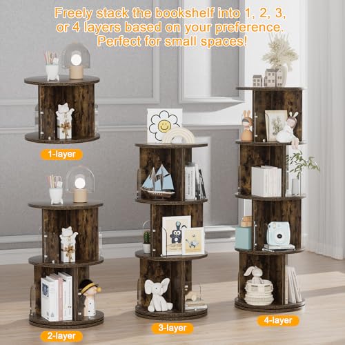 VECELO Rotating Bookshelf Tower, 360°Revolving Bookcase, Round Book Shelf Rotating, Stackable Storage Display Rack Floor Standing, Corner Bookshelf for Home Office, Deep Brown