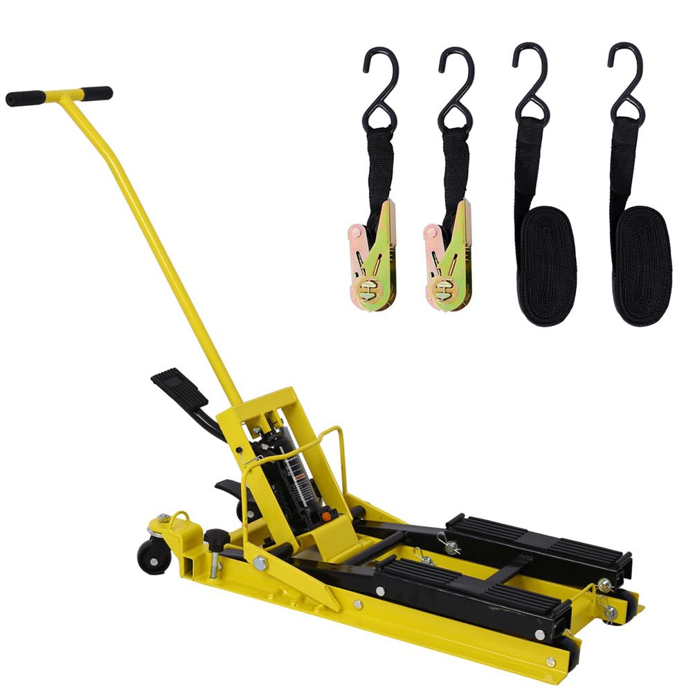 SLifet Hydraulic Motorcycle Lift Jack, 1500 LBS Capacity Foot-Operated Motorcycle Lift Table, ATV Scissor Lift Jack with 4.5" - 15" Lifting Range, Portable Motorcycle Lift Table with Wheels Yellow