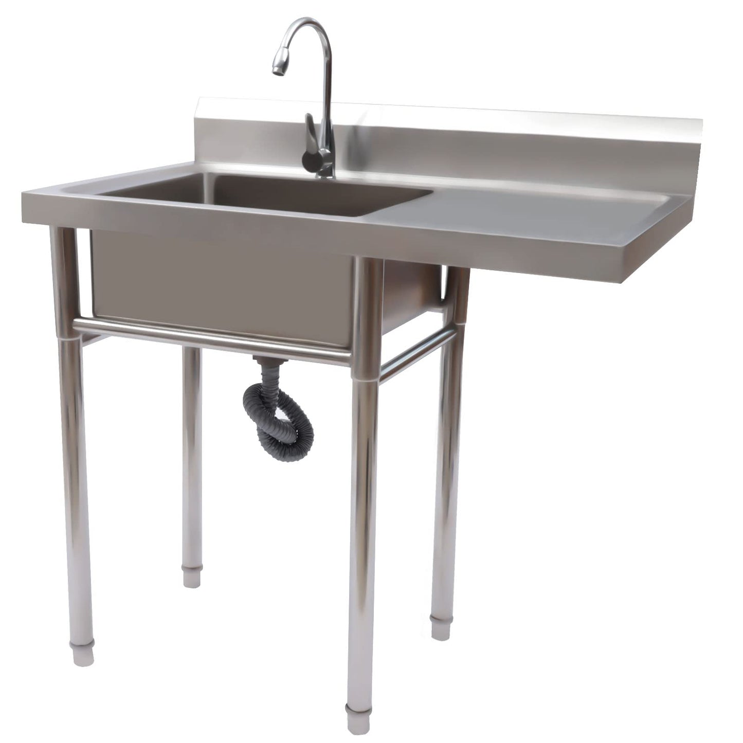 Free Standing Single Bowl Sink,Commercial Restaurant Kitchen Sink Set w/Faucet&Drainboard,1 Compartment Utility Washing Hand Basin w/Workbench&Storage Shelves for Indoor Outdoor (One Bowl)