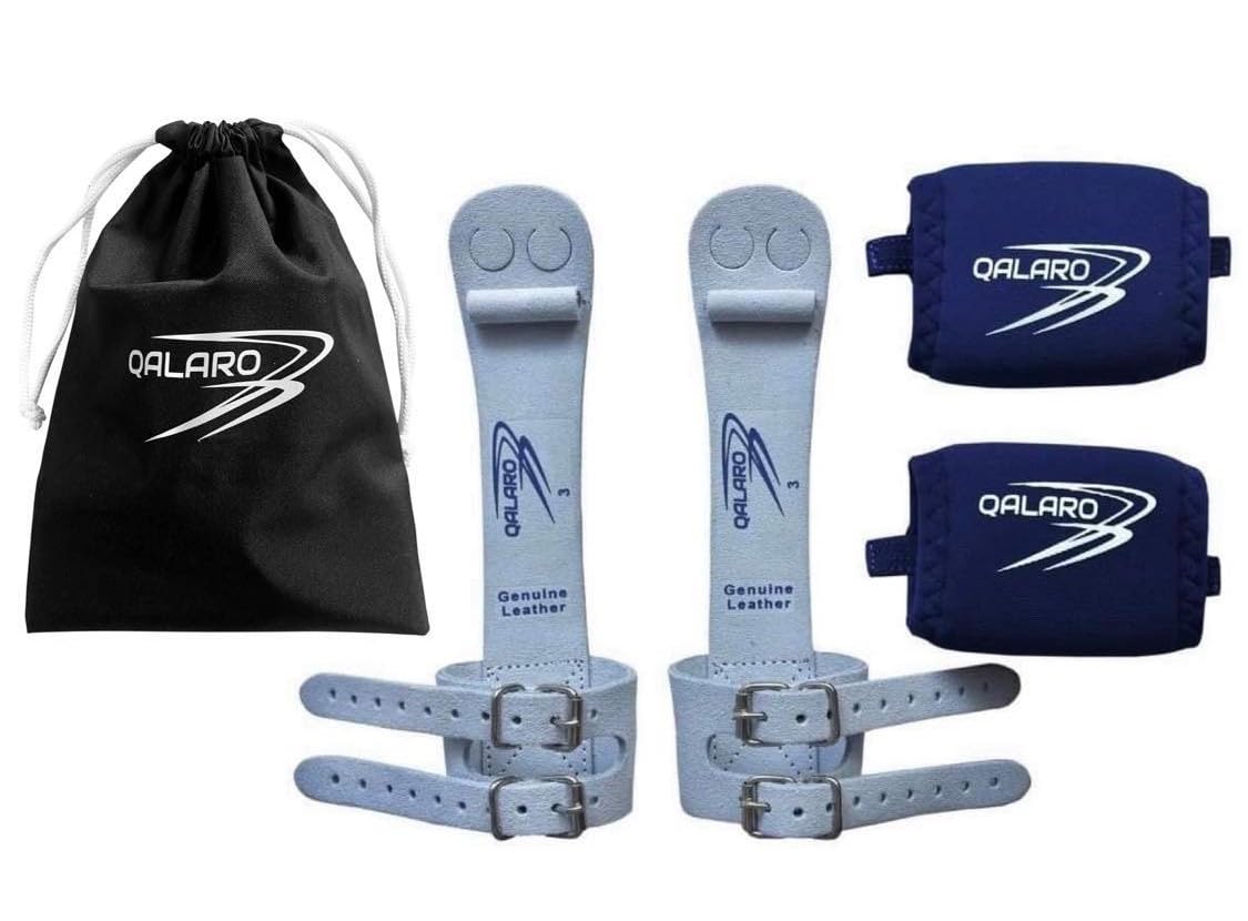 QALARO PRO Double Buckle Grips for Girls Gymnastics | Dowel Grips, 4" Navy Wristbands | Gymnastics Grips for Girls | Youth Bar Grips | Gymnastics Gloves