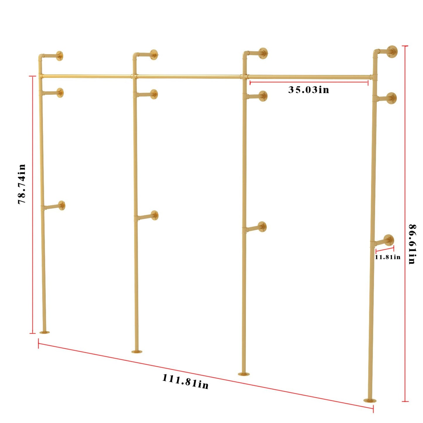 ORSENIGO Industrial Pipe Clothing Rack, Heavy Duty Clothes Rack for Hanging Clothes, Wall Mounted Display Garment Rack for Home Retail Boutique (Three, Gold)