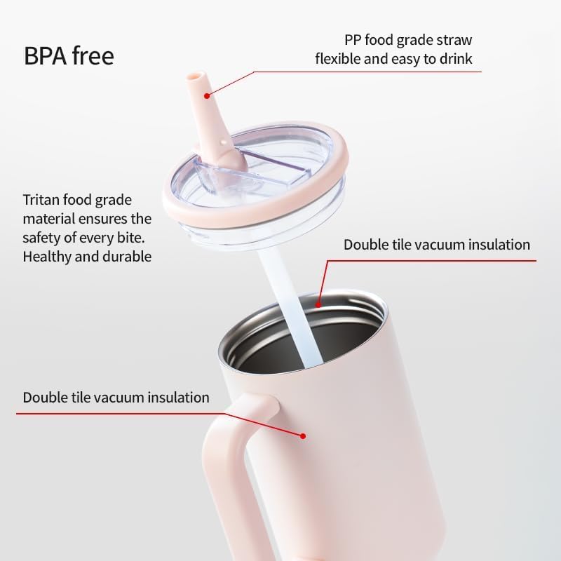Shoindary Leak Proof 40 oz Flip Straw Tumbler with Handle - Fits in Cup Holder, Reusable Vacuum Insulated Stainless Steel with Rubber Base & BPA Free Lid - Gifts for Women & Men(rose quartz1)