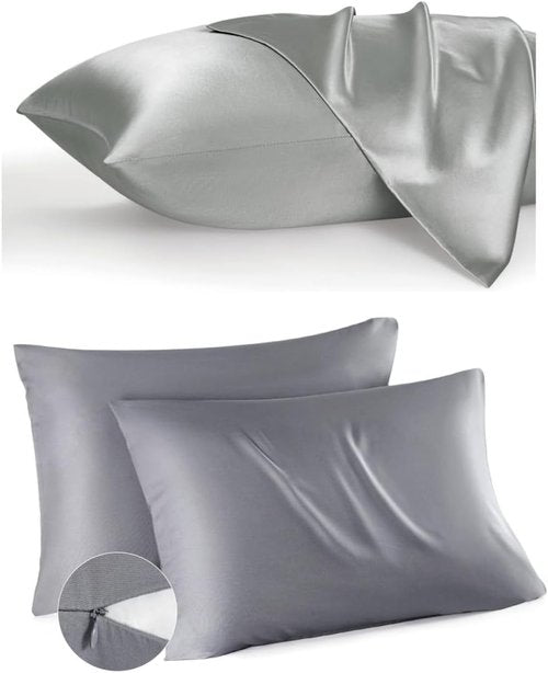 Bedsure Grey Satin Pillowcase - Queen Size Cooling Pillowcases with Zipper Closure