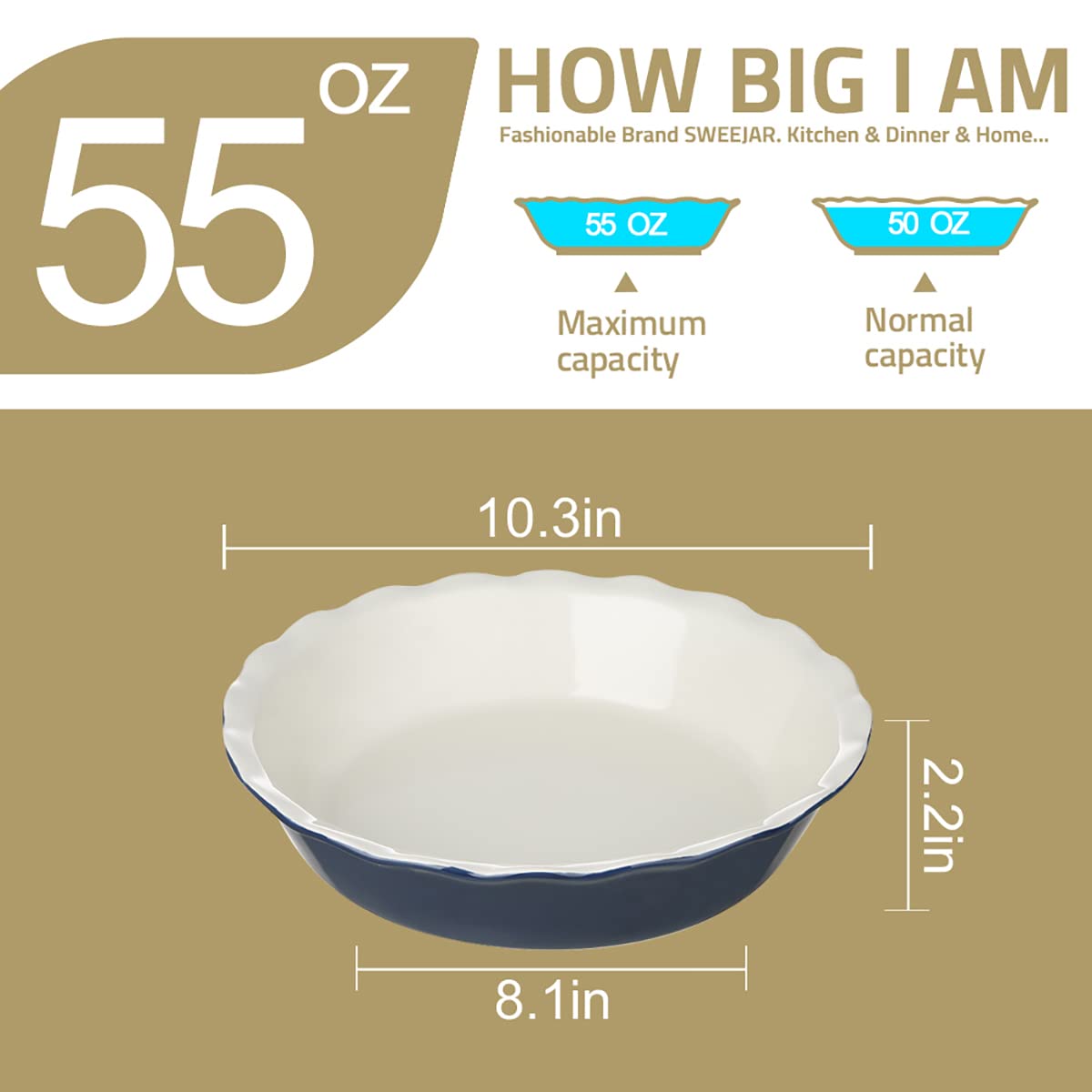 Sweejar Ceramic Pie Pan, 10 Inch Round Baking Dish, Non-Stick with Soft Wave Edge for Apple, Pumpkin, Pot Pies (Green)