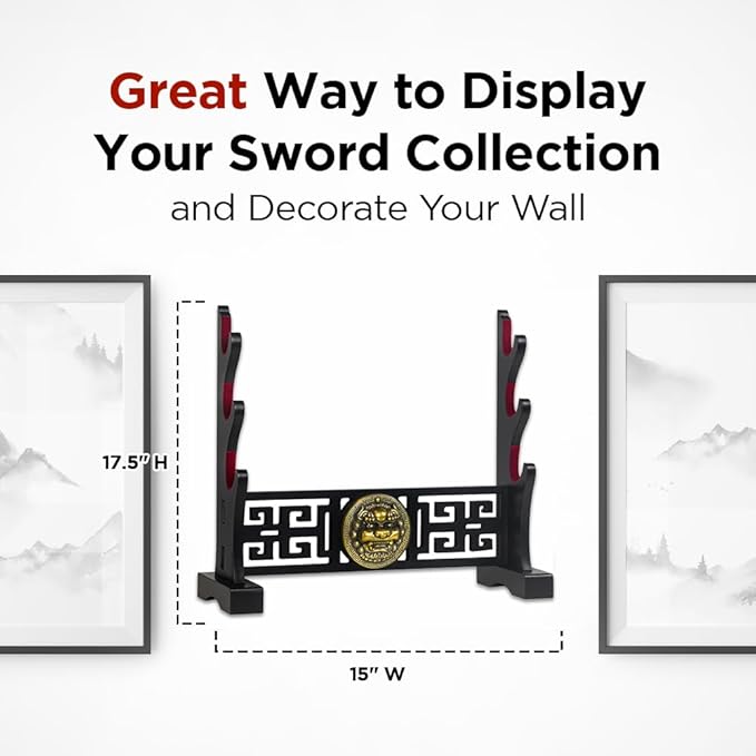 Logest Sword Stand - 4 Tier Options Available - Crafted Using Wood Katana Holder - Furnished in Black With a Gold Lion?™s Head - Desirable Sword Display Gift Option - Sword Holder Katana Stand (3-Tier)
