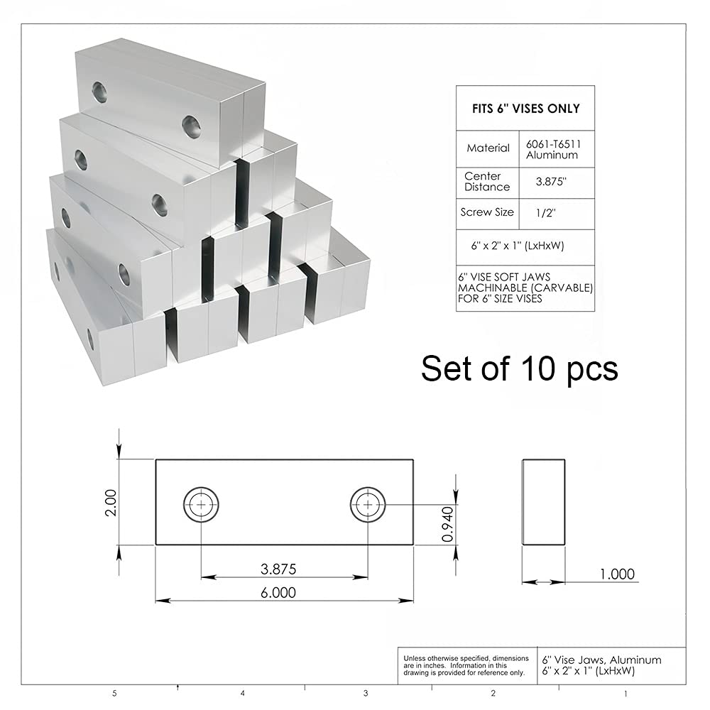 10 Set 20pcs 6 x 2 x 1 Soft Jaws Set Standard Machinable Aluminum Compatible with Kurt 6" Vise Jaws