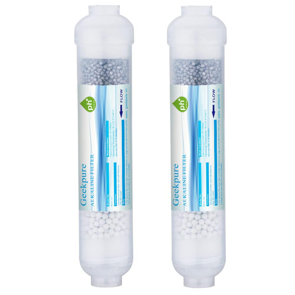 Geekpure 10 inch Inline Alkaline Replacement Water Filter Cartridge pH+ for Reverse Osmosis System -1/4”Thread-Pack 2