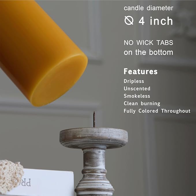 MOZEAL 4" x 10" Extra-Large Spicy Mustard Pillar Candles (Set of 2), Unscented, Dripless, Smokeless, Long Clean-Burning,Tall 10 inch Large Spicy Mustard Pillar Candles Perfect for Autumn Events Decor