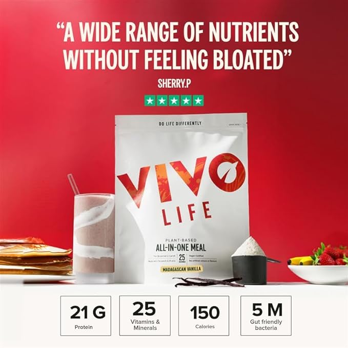 Vivo Life - Whole, Vegan Meal Replacement Shake with Proteins, Vitamins & Minerals, Gut Friendly Bacteria & Electrolytes - 35.2 oz, 25 Servings (35.2 Ounce (Pack of 1), Vanilla)