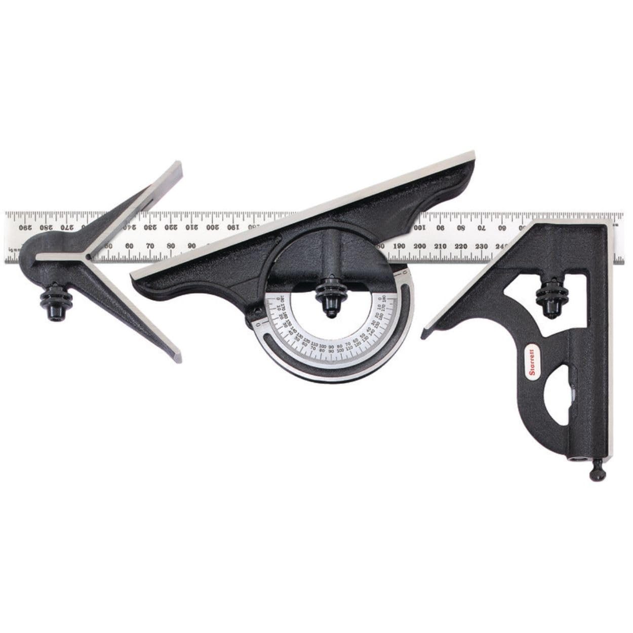 Starrett Combination Set with Square, Center and Reversible Protractor Head and Blade - 300mm Blade Length, Cast Iron Heads, Hardened Steel, 35 Graduation Type - 435M-300