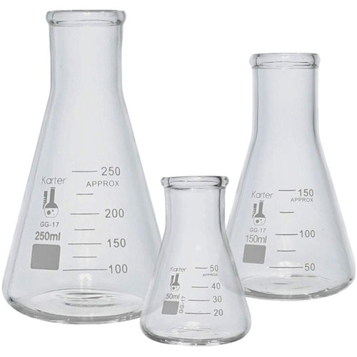 Karter Scientific Glass Erlenmeyer Flask Set - 3 Sizes (50ml, 150ml, 250ml) - Durable & Versatile
