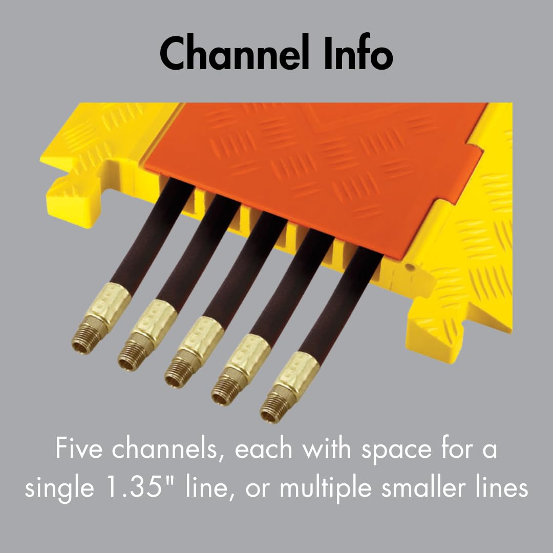 Checkers 5 Channel Industrial Drive Over Cable Protector for 1.25" Lines, 21k/Axle Load Capacity Hose and Cable Ramp for Heavy Duty Equipment, Made in The USA, Orange/Yellow, CP5X125-GP-O/Y