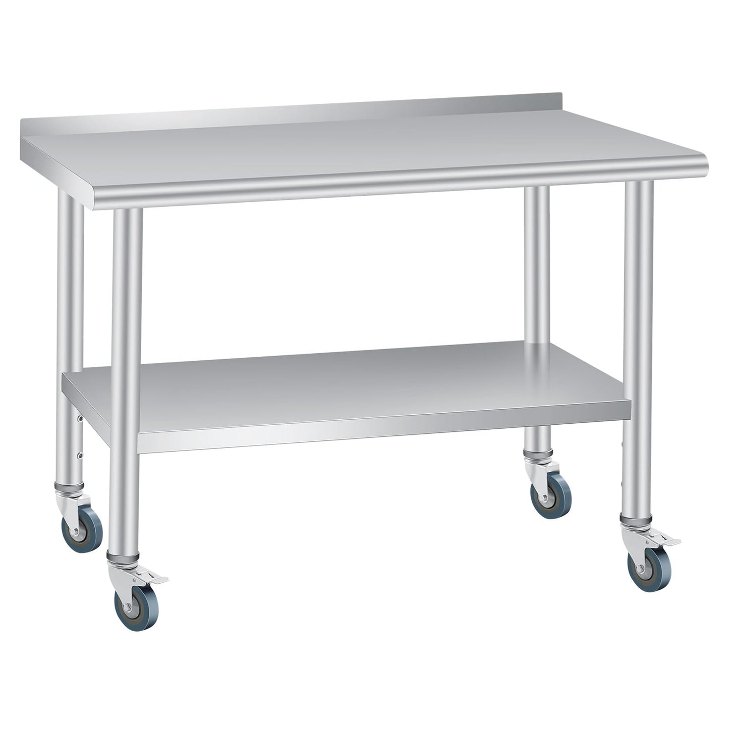 60 x 24 Inch Stainless Steel Prep Table, Heavy Duty Commercial Work Table with 4 Caster Wheels, Adjustable Undershelf & Rounded Corners, Metal Kitchen Workbench for Restaurant, Garage and Outdoor