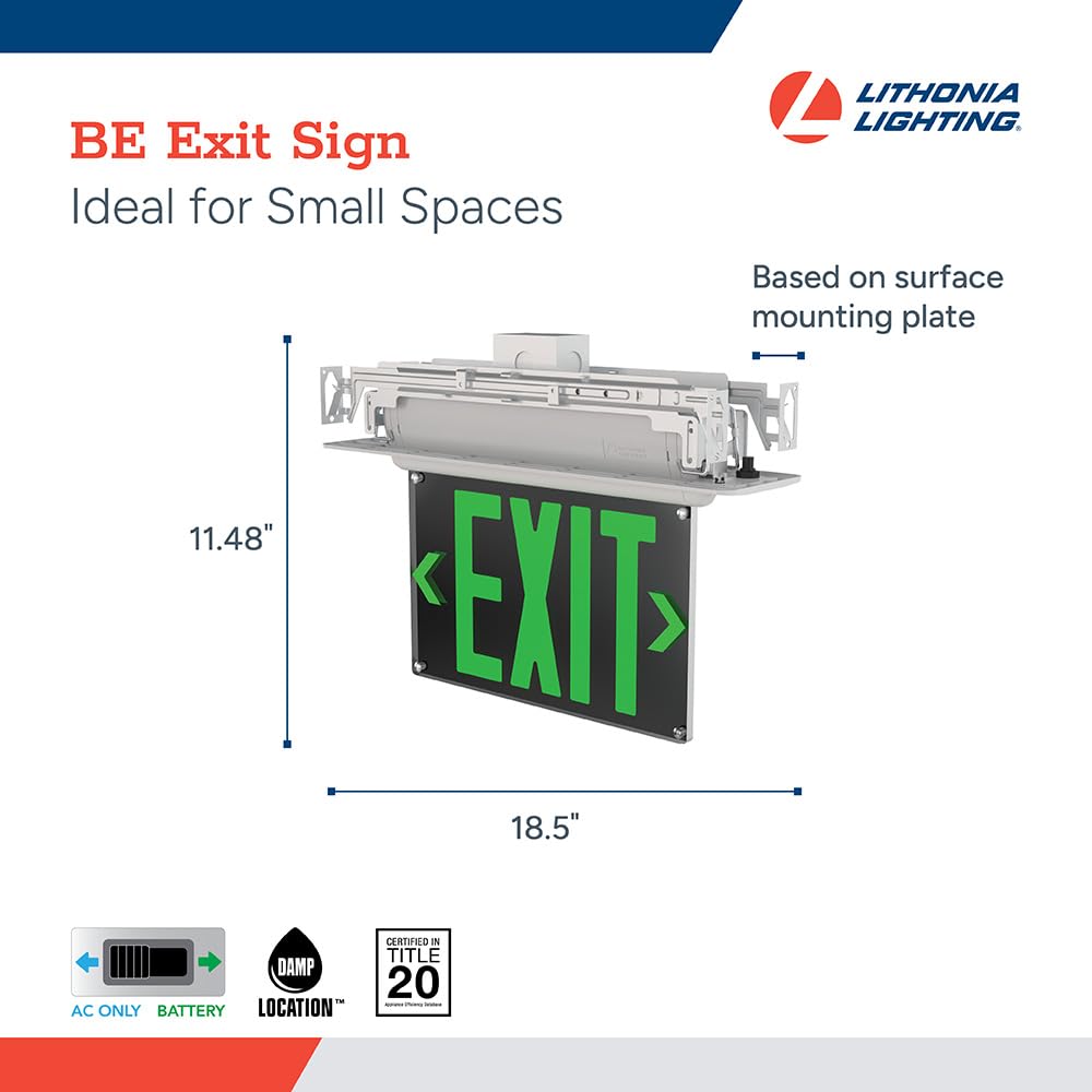 Lithonia Lighting Basics Edge-lit LED Exit Sign with Green Letters, Universal Mount Emergency Exit Only Sign, Ni-Cad Battery Backup (BE W G UM M2)