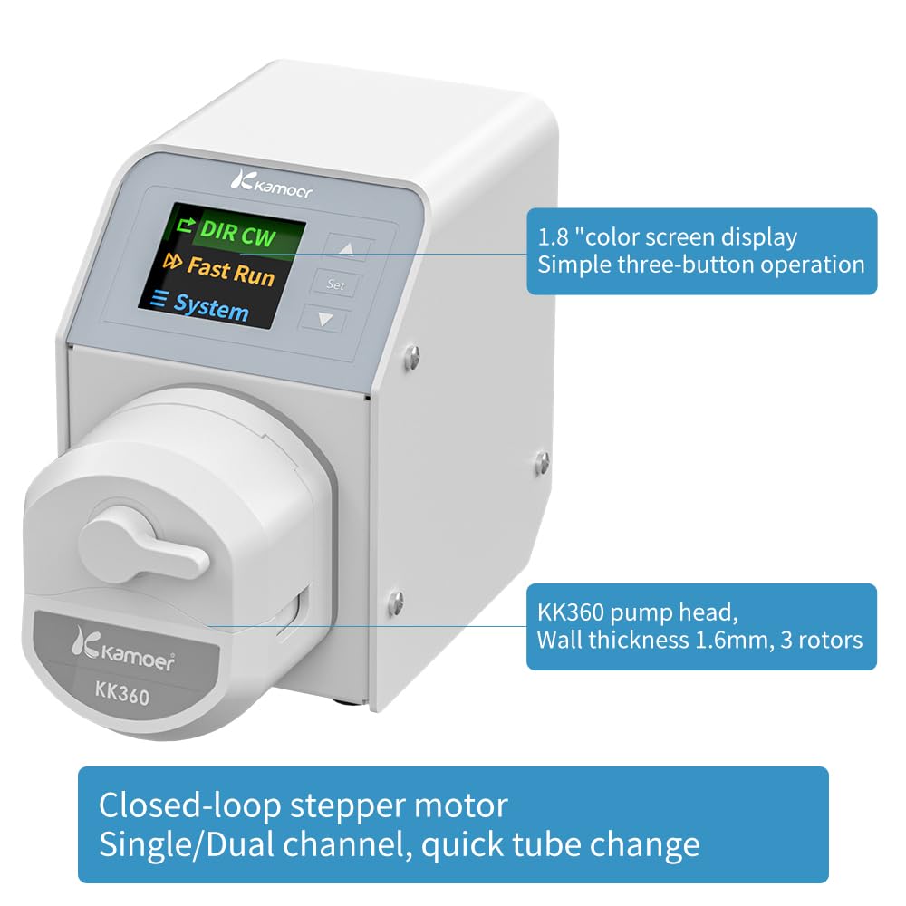 Kamoer M2-KK360 Peristaltic Pump Dual Channel 0-310ml/min/channel High Precision Stepper Motor 24V Adjustable Speed Pump with RS485 Control for Electrolyte, Flow Battery