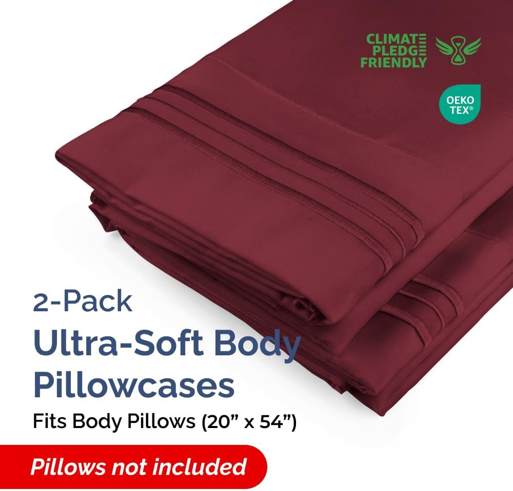 Skiennix Body Pillowcases Set of 2 | Soft 20x54 Long Pillow Covers for Side Sleepers - Burgundy, Wrinkle-Free & Machine Washable