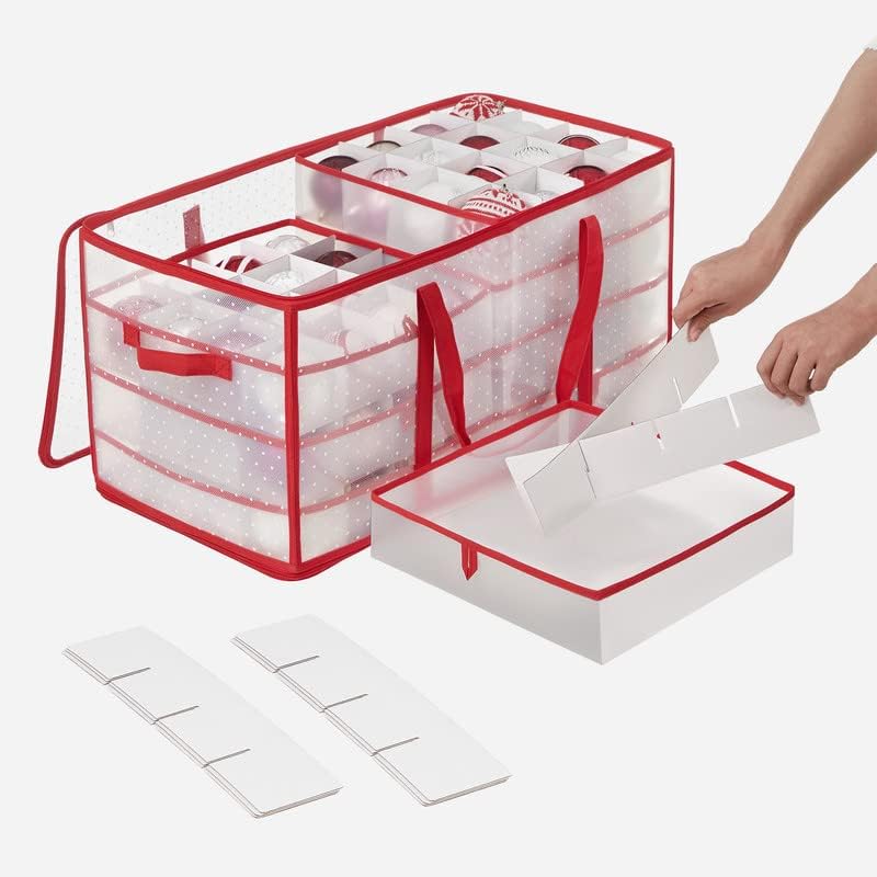 SONGMICS Christmas Ornament Storage Box - 128 Slots for 3-Inch Balls | Durable Plastic with Dual Zippers, Cherry Red