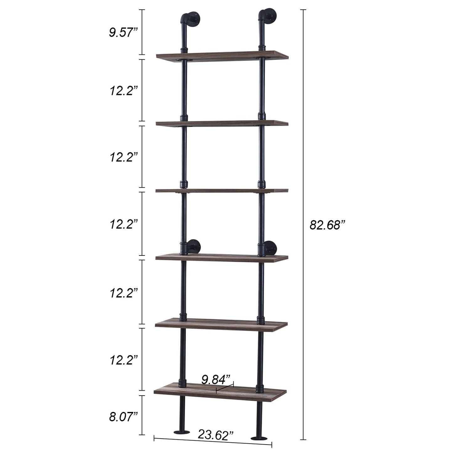 HOMBAZAAR Industrial Pipe Bookshelf,6 Tier Pipe Shelving,Wall Mounted Ladder Shelves with Metal Frame for Home Office,Living Room,Oak Brown