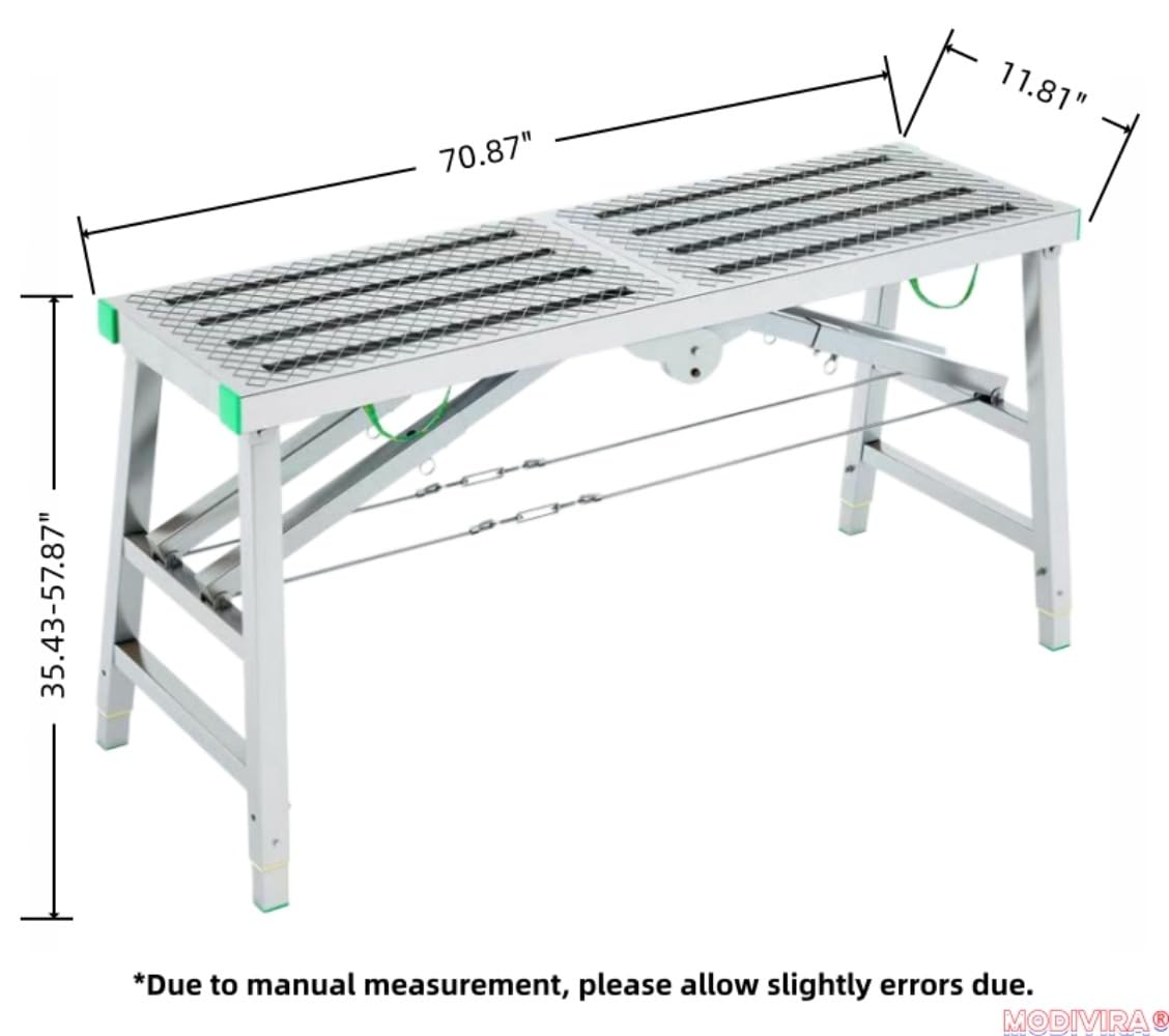 Modivira Folding Scaffolding with Adjustable Heights Heavy Duty Portable Steel Ladder with Non-Slip Feet for roof Cleaning Paint Home Improvement (A,70.87" * 11.81")