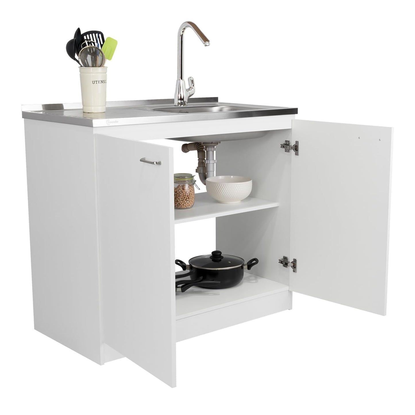 Tuhome Napoles Utility Sink Base Cabinet with Integrated Stainless Steel Countertop, Freestanding Cabinet with Double Doors, Interior Shelf for Laundry Room, Utility Room, Mudroom or Kitchen