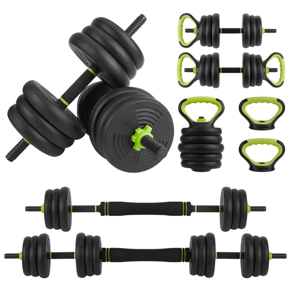 Adjustable Dumbbell Set, 44Lbs Free Weight Set with Connector, 4 In1 Dumbbells Set Used As Barbell, Kettlebells, Push Up Stand,Green and Black,Round