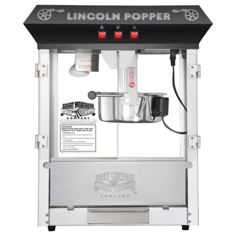 Lincoln Popcorn Machine - 8oz Popper with Stainless-Steel Kettle, Reject Kernel Tray, Warming Light and Accessories by Great Northern Popcorn (Black)