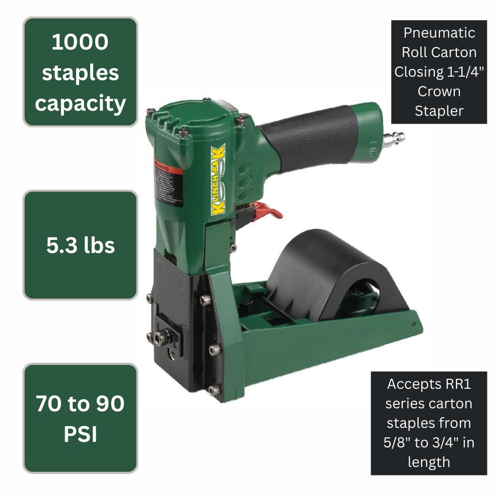 Klinch-Pak KP-RR1 Pneumatic Roll Carton Closing 1-1/4" Crown Stapler for RR1 Series Staples, 5/8-Inch or 3/4-Inch Leg Staples SIM to H-1031, Ideal for Folding Boxes, Complete Overlap and More