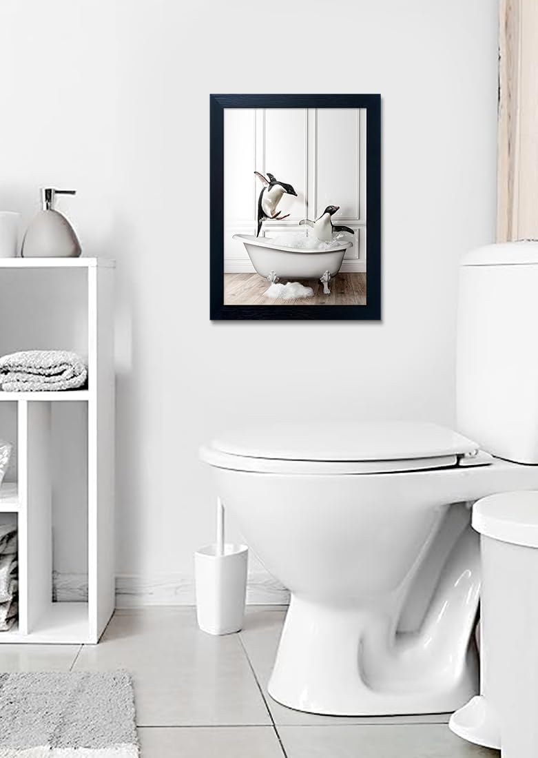 Skiennix Kids Bathroom Wall Art - Cute Penguins in Bathtub Canvas Print | Black & White Decor