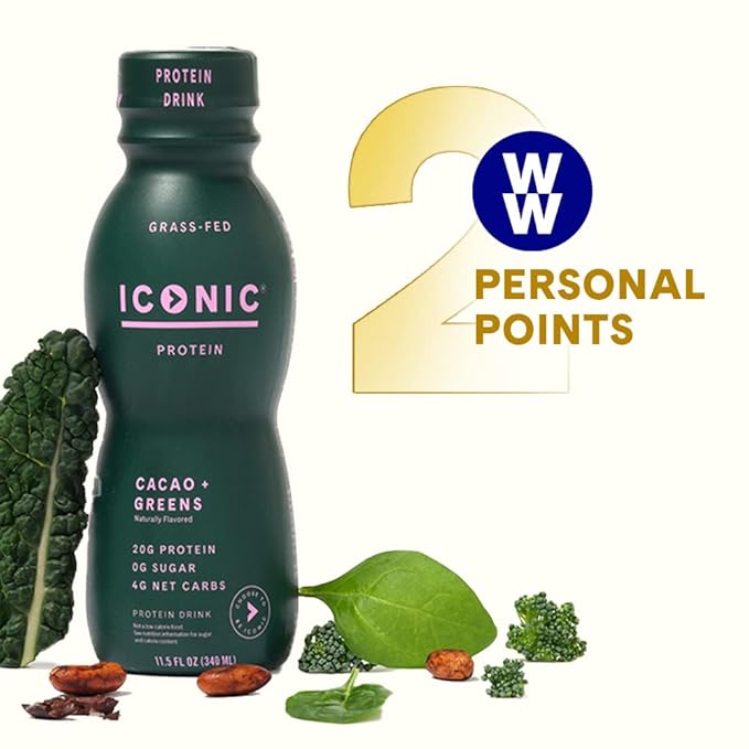 ICONIC Protein Shake, Cacao + Greens (12 Pack) ??20g Grass-Fed Protein Drink ??Low Carb, Sugar Free, Keto Friendly ??Lactose Free, High Protein Snack or Meal Replacement Shake