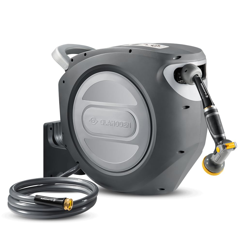 GLAHODEN Retractable Garden Hose Reel 1/2 in x 130 ft Upgraded UV Resistant Heavy Duty Automatic Hose Reel Wall Mount 3/4 in Brass Fitting 9 Pattern Nozzle Any Length Lock Slow Retraction