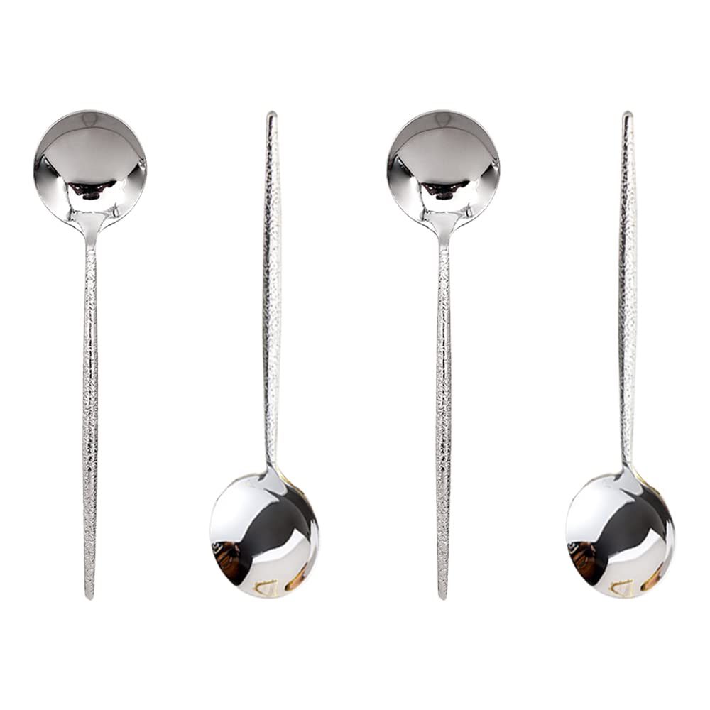 Stainless Steel Hammered Soup Spoon, Korean Long Round Handle Spoon, 4 Pieces of Steel Hammered Spoons, 8 Inches.