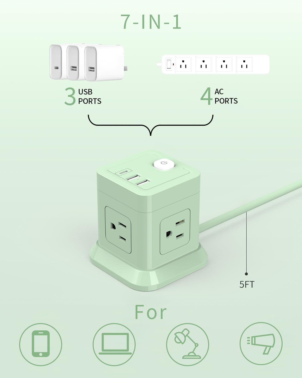 FDTEK 4 3 (1 Cube Power Strip, Widely Spaced Outlet with USB USB C) Flat Plug Power Strips with Long Extension Cords