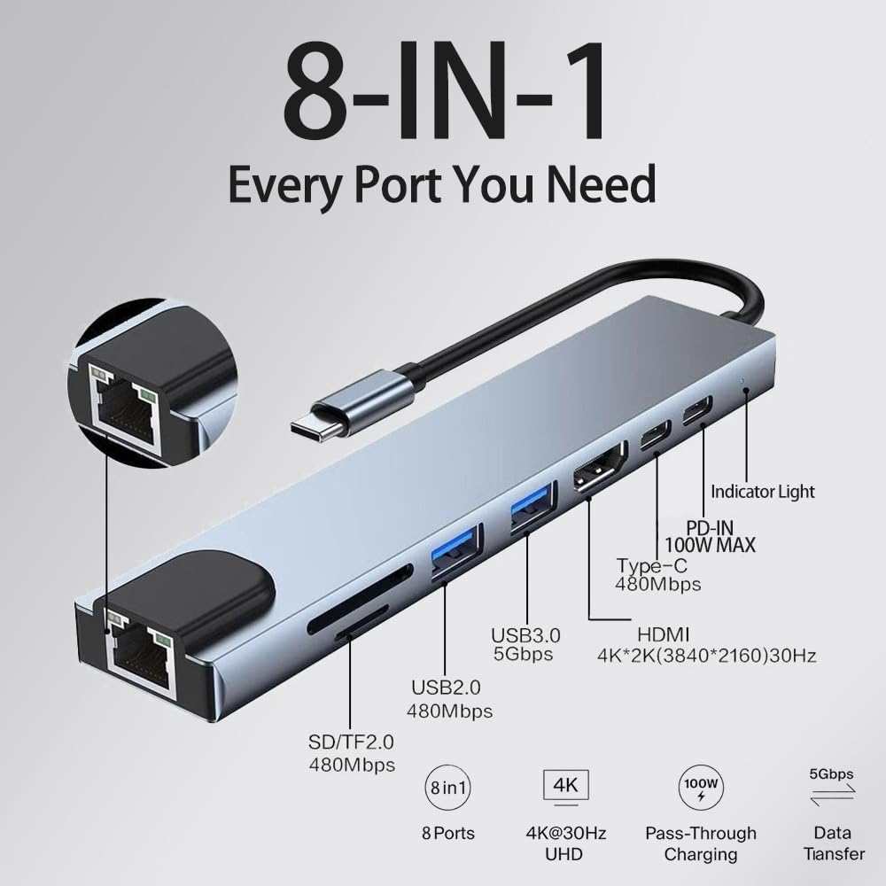 Treayes 8 1 4K 100W 3.0, USB C Hub in for MacBook Air/Pro HDMI, Ethernet, PD, USB SD/TF Card Reader Slim Aluminum Type