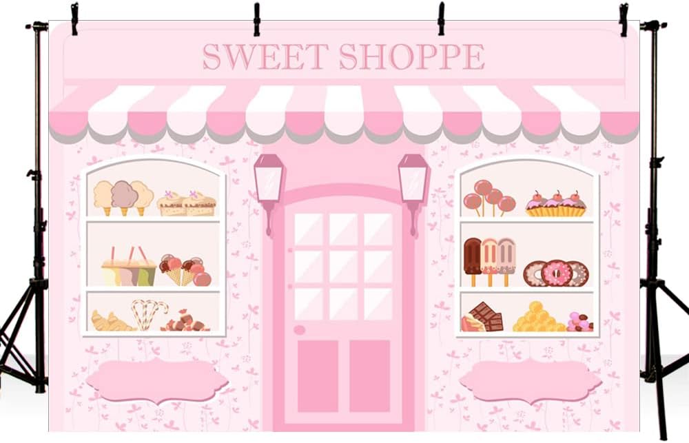 MEHOFOND 7x5ft Pink Sweet Shoppe Backdrop Dessert Parlor for Girls Birthday Photography Background Kids Party Banner