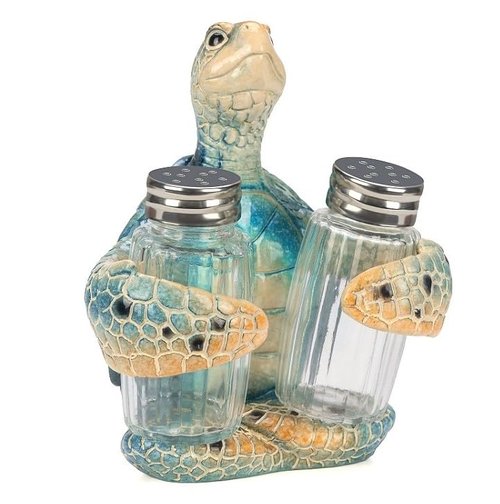 Decorative Blue Sea Turtle Salt and Pepper Shaker Holder, Coastal Kitchen Decor (Blueturtle)