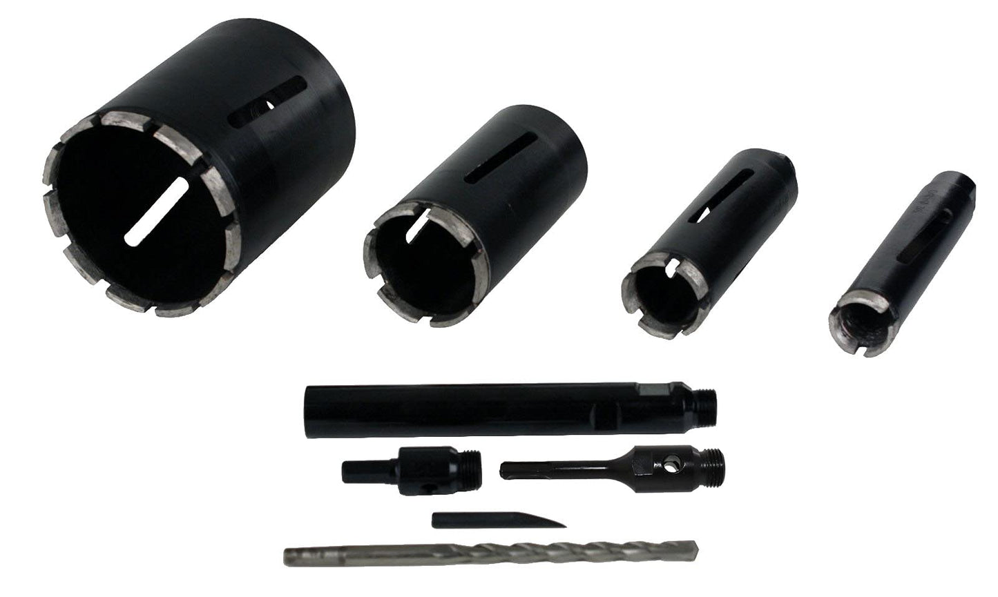 Steel Dragon Tools 4-Piece Dry Diamond Core Drill Bit Kit with Case – 1.5", 2", 3", 5" Bits 6" Depth Laser-Welded Segments Includes SDS & Hex Adapters Pilot Bit Drift Key Aluminum Storage Case