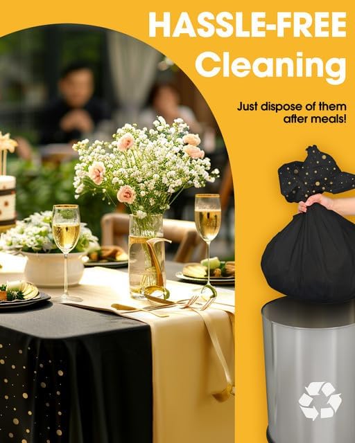 Niuara Table Cloth Set - Black and Gold Disposable Rectangle Table Covers | 3 Tablecloths + 3 Runners for Events